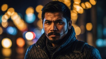 Fototapeta premium A serious man with a mustache and beard stands in a city at night, with colorful lights blurred in the background. 