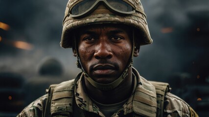 Fototapeta premium An intense soldier in combat gear stands in a combat zone, with smoke and explosions in the background, highlighting the realities of warfare. 