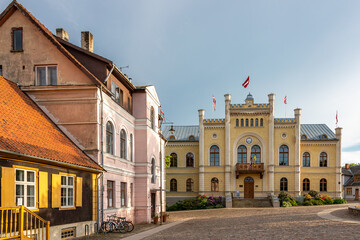 Fototapeta premium Buildings on Central Plaza in the Historic Old Town of Kuldiga, Latvia