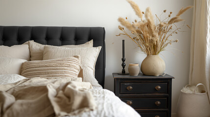black and beige contemporary bedroom with tufted upholstered headboard, neutral colors, copy space