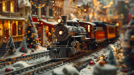  Vintage toy train on snowy tracks with Christmas decorations and lights in a festive village scene. Flat lay composition with copy space for design and print.