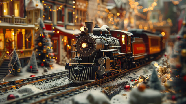  Vintage toy train on snowy tracks with Christmas decorations and lights in a festive village scene. Flat lay composition with copy space for design and print.