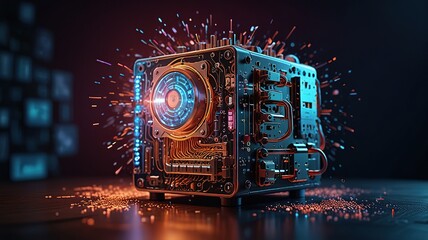 Circuit board close-up with microchips and connections. 3d rendering