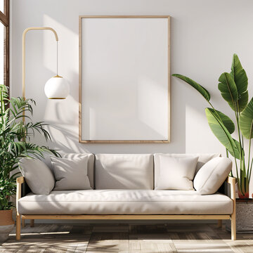 Minimalist Living Room with Poster Frame and Vibrant Green Plants in IKEA Design Aesthetic