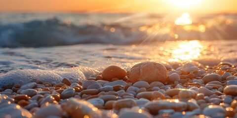 Obraz premium Pebbles on a stormy sea shore at sunset A close-up view. Concept Nature, Sunset Photography, Close-up Shots