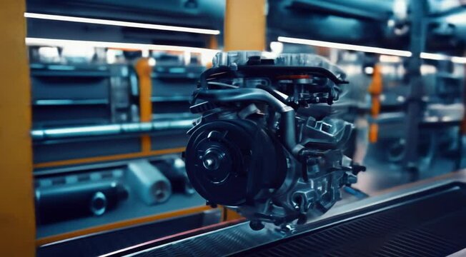 Detailed image of a car engine on the assembly line with blue ambient lighting inside a modern manufacturing plant.