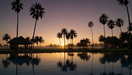 Obraz premium The tranquility of an oasis at dawn, surrounded by palm trees and still waters ai_generated