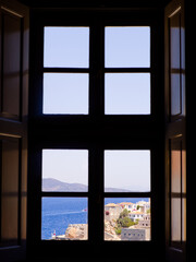 Aegean sea view from the window in Hydra, Saronic Gulf, Greece 