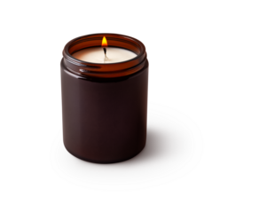 lit candle in brown jar with shadow isolated on transparent background