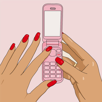 Vector Illustration of Woman's Hand Holding Y2k Flip Cell Phone in Pink. Cute Mockup with  Blank Screen for Custom Text Display