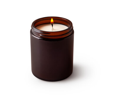 candle in brown jar lit with shadow isolated on transparent background