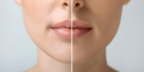 Before and after closeup of young womans dry lips treatment. Concept Lip Care Routine, Dry Lips Solution, Before and After Transformation, Beauty Tips