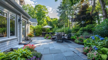 Obraz premium The back patio of a Suburban Cape Cod home, featuring a blue stone surface and surrounded by lush, colorful perennials
