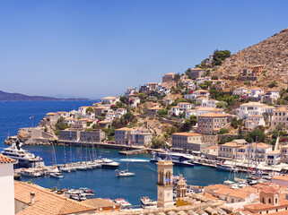 Picturesque Hydra harbor in sunny summer day, Saronic Gulf, Aegean Sea, Greece 