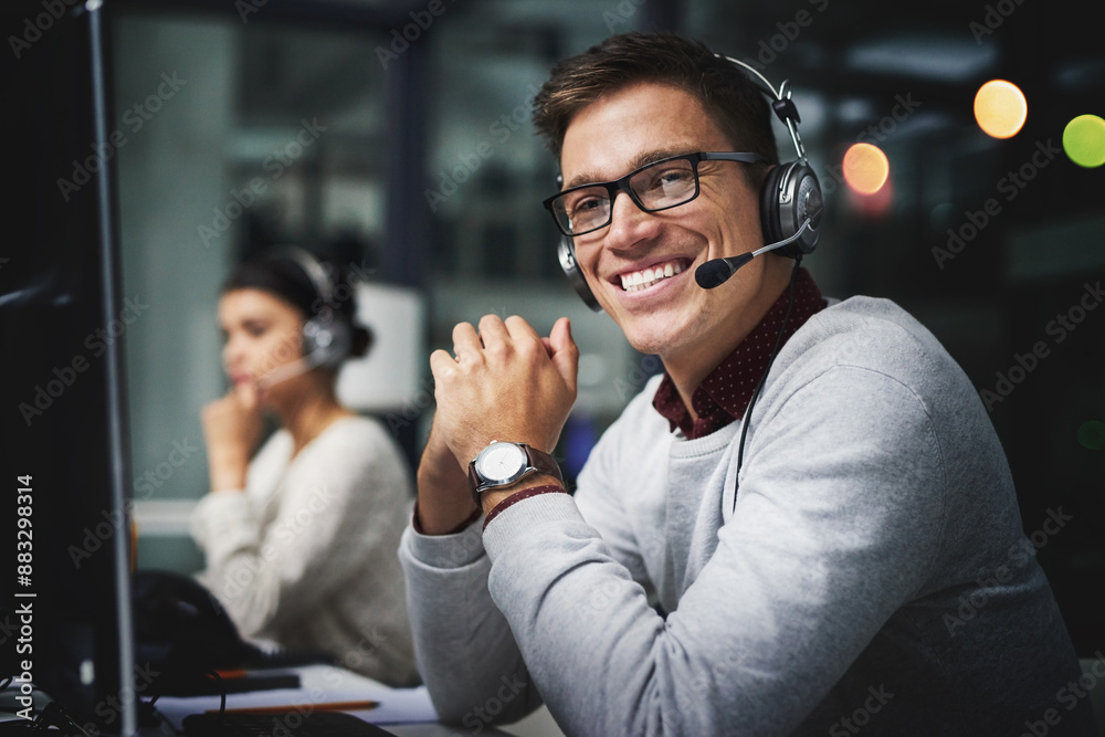 Aufkleber Call center, man and portrait with microphone for customer service with communication and FAQ support. Telemarketing, agent or happy with telecom advisory, contact us and headphones for help at night