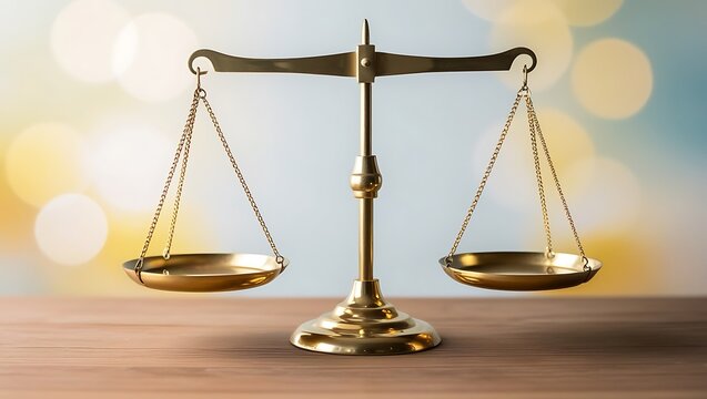 Classic Golden Balance Scale on Wooden Surface with Soft Gradient Background

