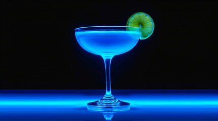 blue cocktail with a lime slice on a black background