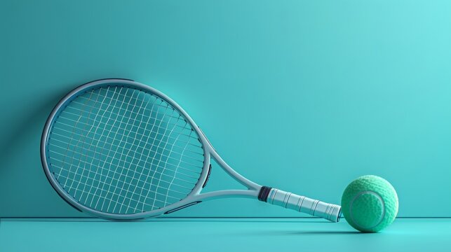 Minimalist Tennis Composition: Racket and Ball Against a Turquoise Background
