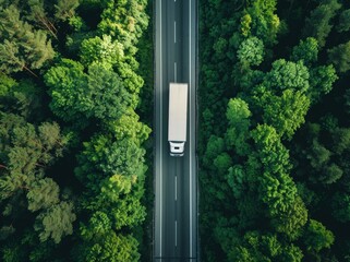 Aerial top view of car and truck driving on highway road in green forest. Sustainable transport. Drone view of hydrogen energy truck and electric vehicle driving on asphalt road through green forest.