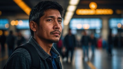 Fototapeta premium A pensive man with a backpack stands at a bustling airport terminal, looking thoughtfully into the distance. 