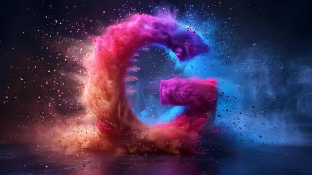 Letter G with colorful cloud art with powder explosion background