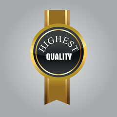 Gold quality label with ribbon. Vector on a gray background