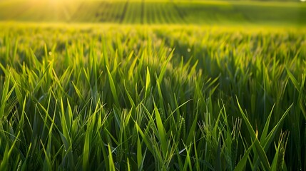 Fototapeta premium Beautiful green field of young wheat in the morning at dawn in sunlight landscape, panoramic view. Cereal sprouts close-up in nature. 