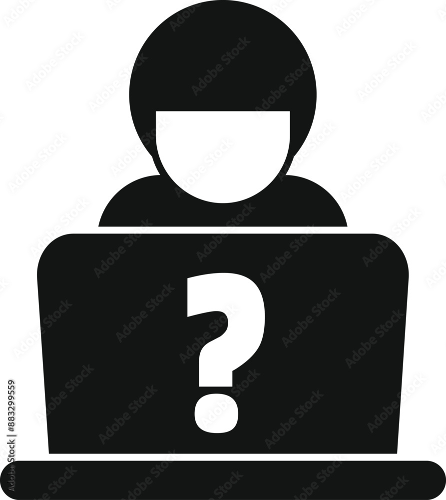 Poster hacker is using a laptop with a question mark icon on the screen