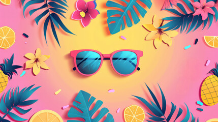 vibrant summer themed illustration with tropical leaves, sunglasses, and fruits on pink background