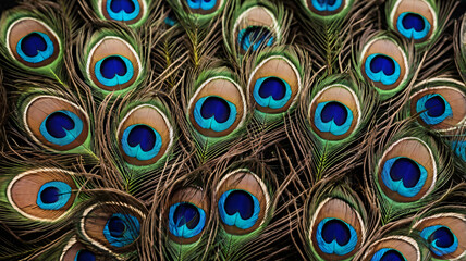 Colorful peacock feathers, glowing peacock feathers. Macro