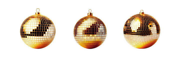 Fototapeta premium Set of Golden disco mirror ball, isolated over on transparent white background