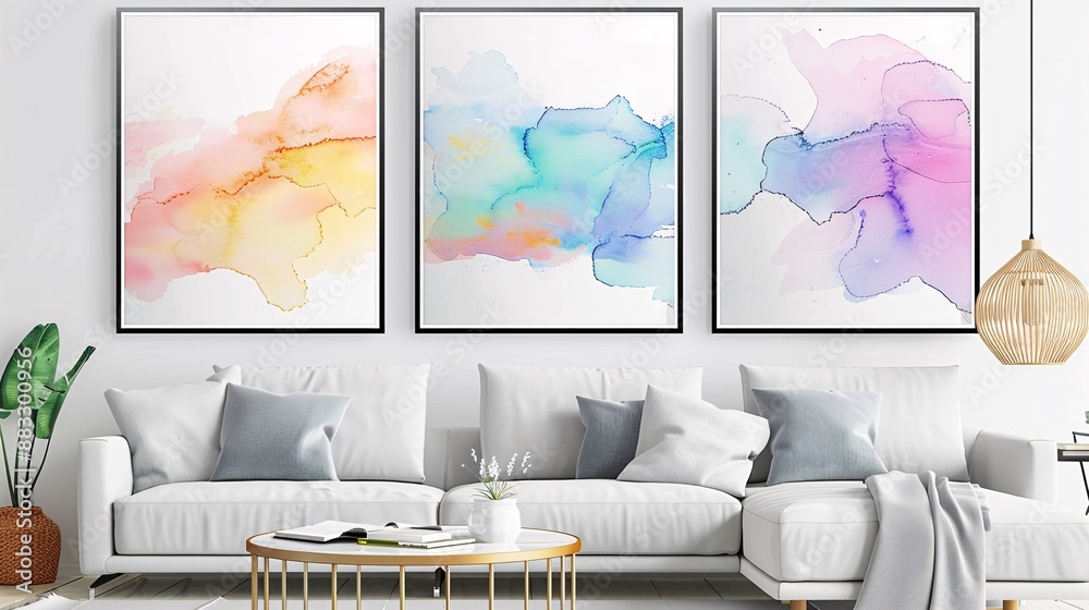 Fototapete three modern watercolor art posters with a continuous design, seamlessly connected on a white backgr
