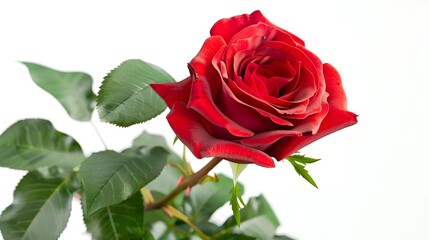 Fototapeta premium Vibrant red rose with velvety petals, fresh green leaves, detailed close-up, natural beauty, isolated on a white background