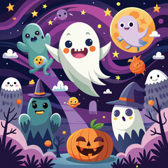 Naklejka premium Friendly and scary ghosts floating with whimsical and eerie expressions.