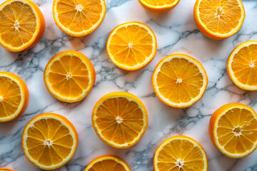 Fototapeta premium A close up of many orange slices on a marble countertop. The slices are arranged in a pattern, with some overlapping and others standing alone. Concept of abundance and freshness