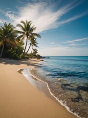 A Mexican beach with palm trees in summer, golden sand, and sparkling blue sea