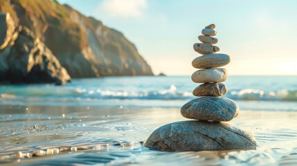 Stack of zen stones balancing on a beach at sunset