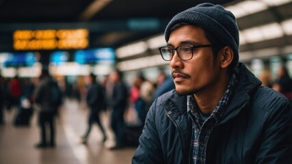 Fototapeta premium A pensive man wearing glasses and a beanie sits in a busy train station, surrounded by commuters and illuminated by departure boards. 