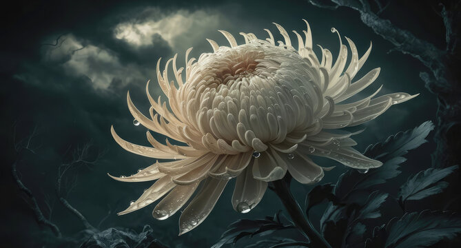 Chrysanthemum flower with water drop, The flower is surrounded by water droplets, glistening in the dim light.  Generative AI
