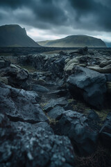 Dramatic Volcanic Landscape with Stormy Skies and Rocky Terrain