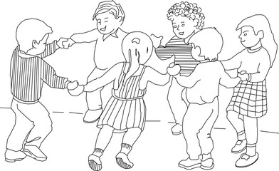 Vector silhouette illustration sketch, detailed design of small children playing together