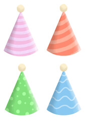 set of  four birthday hats on pastel colors, colorful birthday caps with polka dots and stripes designs