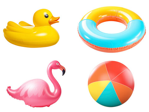 Summer elements PNG Minimal Realistic beach ball, yellow inflatable duck, inflatable flamingo isolated on a white and Transparent background -  Summer vacation Advertising