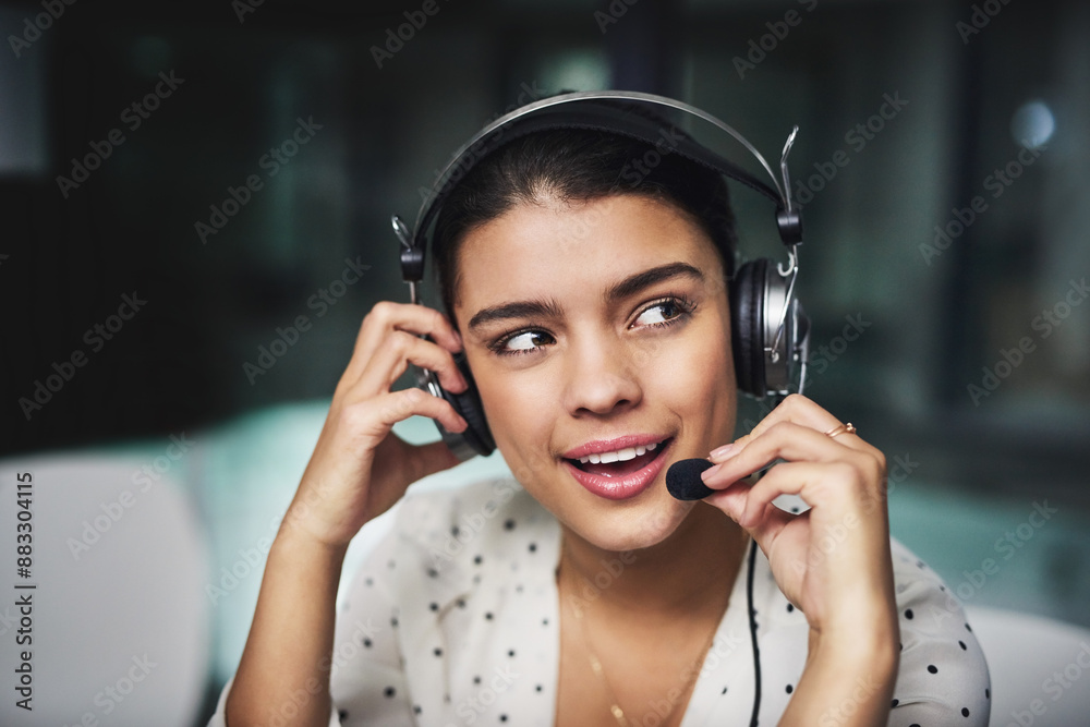 Poster call center, woman and discussion with headset at night for customer service, help and advice to cli