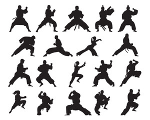 Fighting players silhouette or kick karate vector icon set