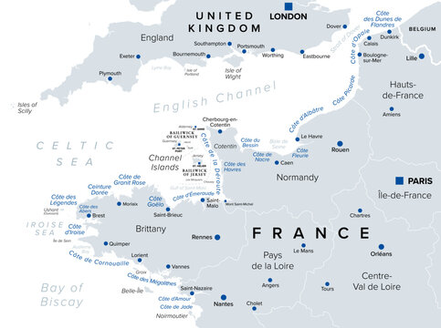 Northern France, touristic names of beaches and coastlines, political map. Coastline of France and United Kingdom along the English Channel, and along a part of Bay of Biscay, with Channel Islands.