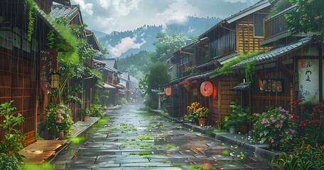 Rainy day in a traditional Japanese town with stone streets and wooden houses