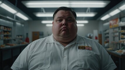 Obraz premium A serious-looking male worker in a white uniform standing in a grocery store aisle, depicting a somber work environment. 
