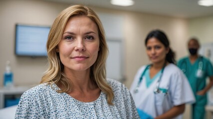 Obraz premium Blonde female patient smiling in a hospital room with medical staff in the background, illustrating a supportive healthcare environment. 
