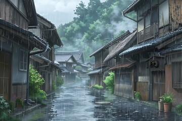 Rainy day in a traditional Japanese town